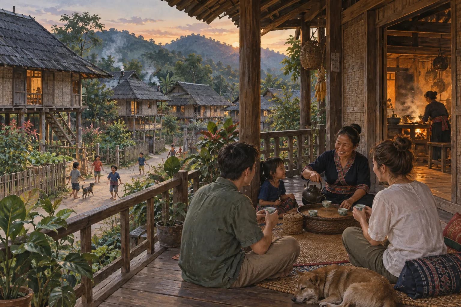 Gia đình và khách ngồi ăn cơm trên hiên nhà sàn, đường bản và núi phía xa