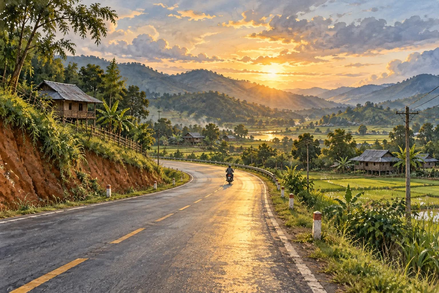 Con đường nhựa uốn qua thung lũng lúc hoàng hôn, ruộng lúa và nhà sàn hai bên