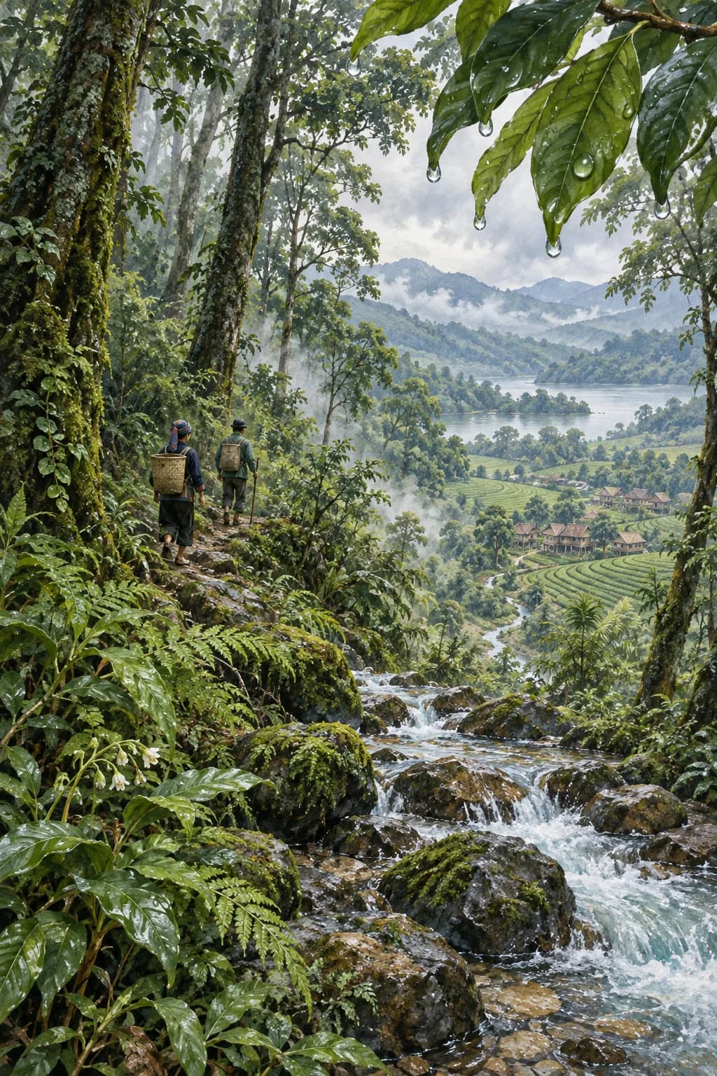 Hai người đi bộ trên lối mòn trong rừng già, suối chảy qua đá rêu, thung lũng và hồ phía xa