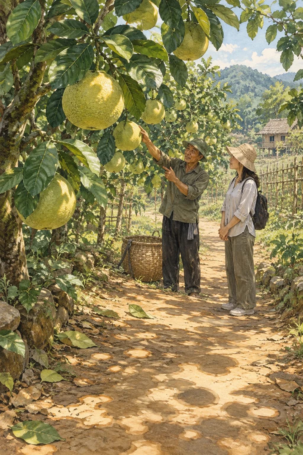 Người làm vườn chỉ những quả bưởi to trên cành cho du khách đội mũ