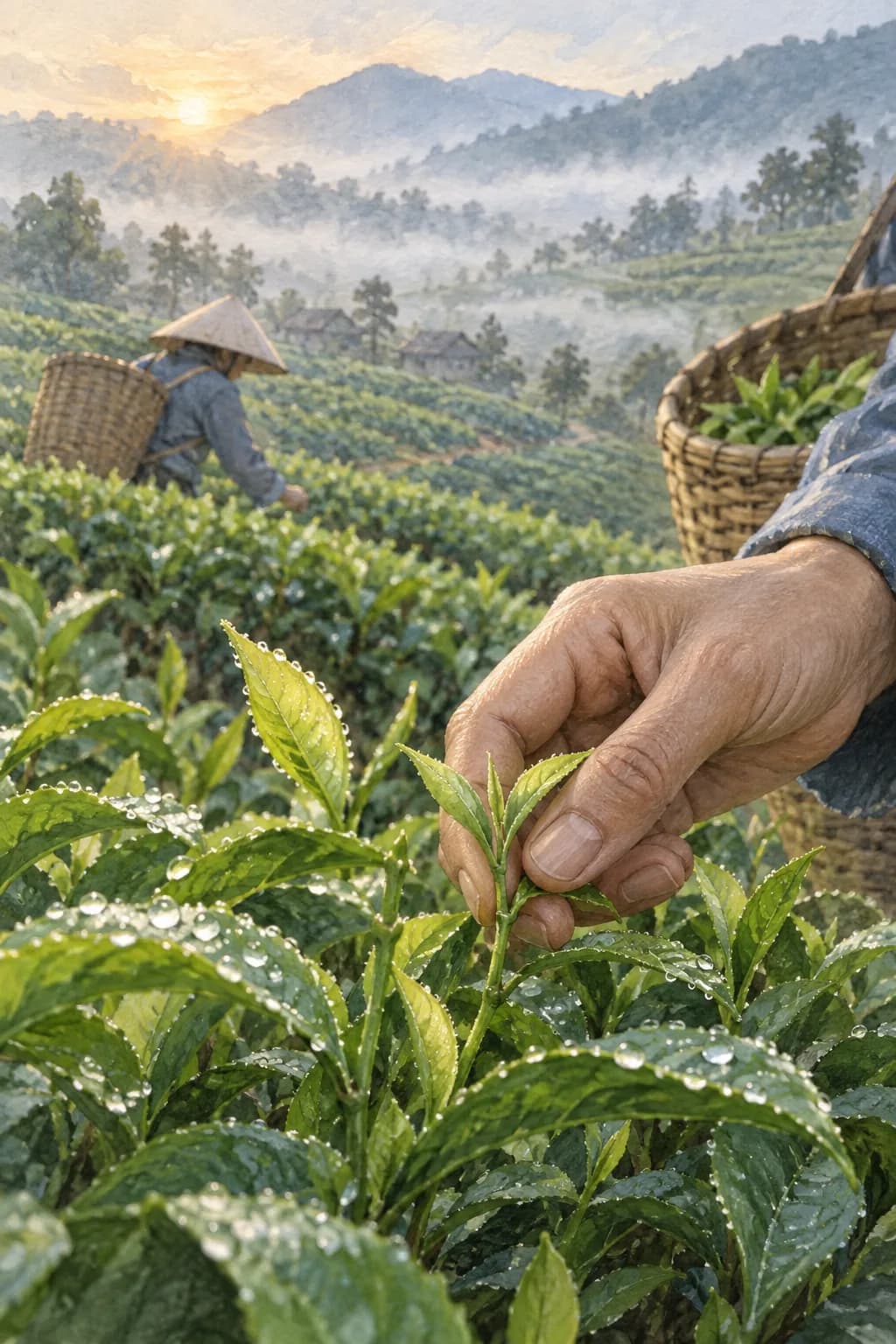 Bàn tay hái búp chè đọng sương, người đội nón đeo gùi giữa đồi chè phía sau