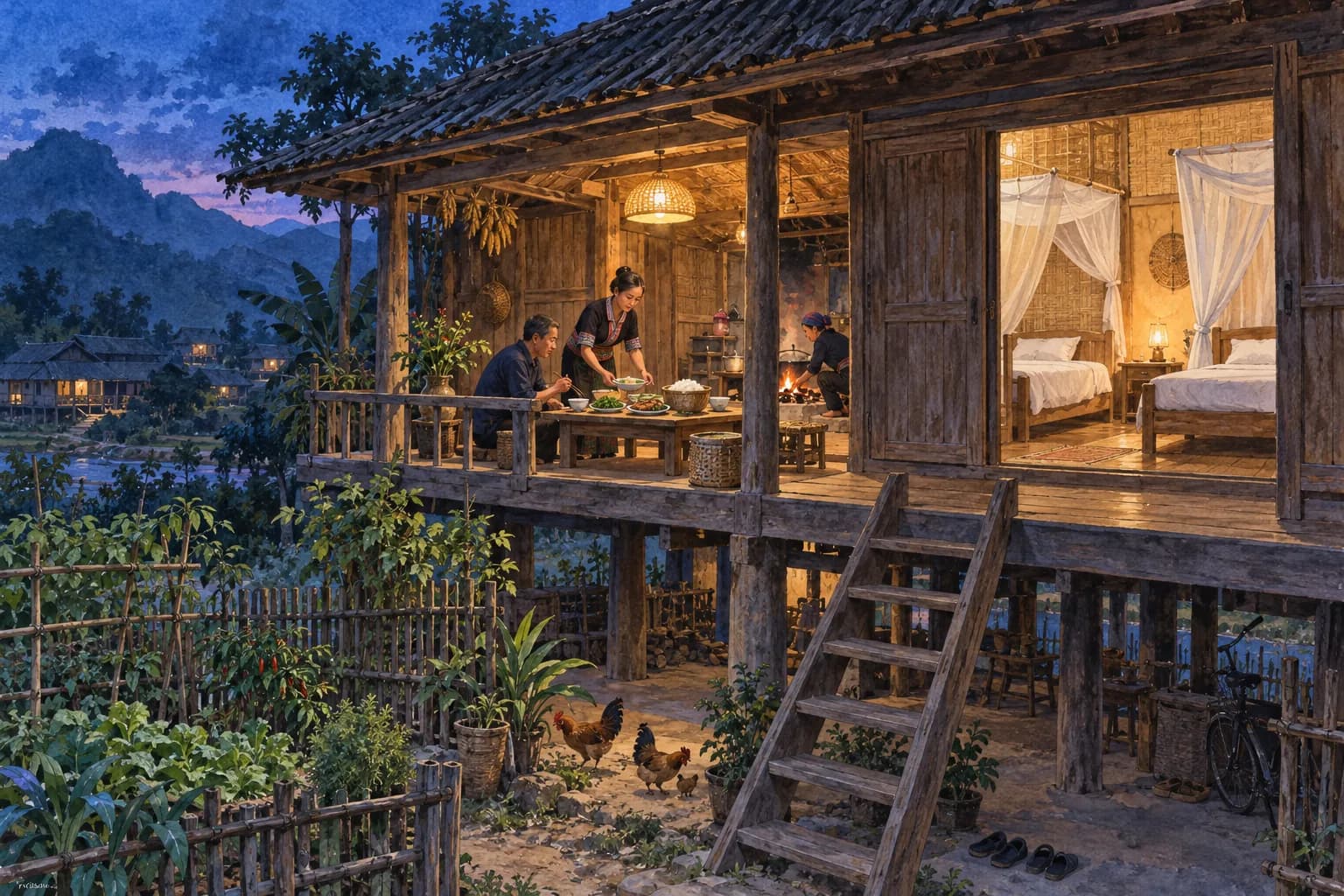Nhà sàn gỗ lên đèn lúc chạng vạng, phòng ngủ màn trắng, khách ăn tối trên hiên