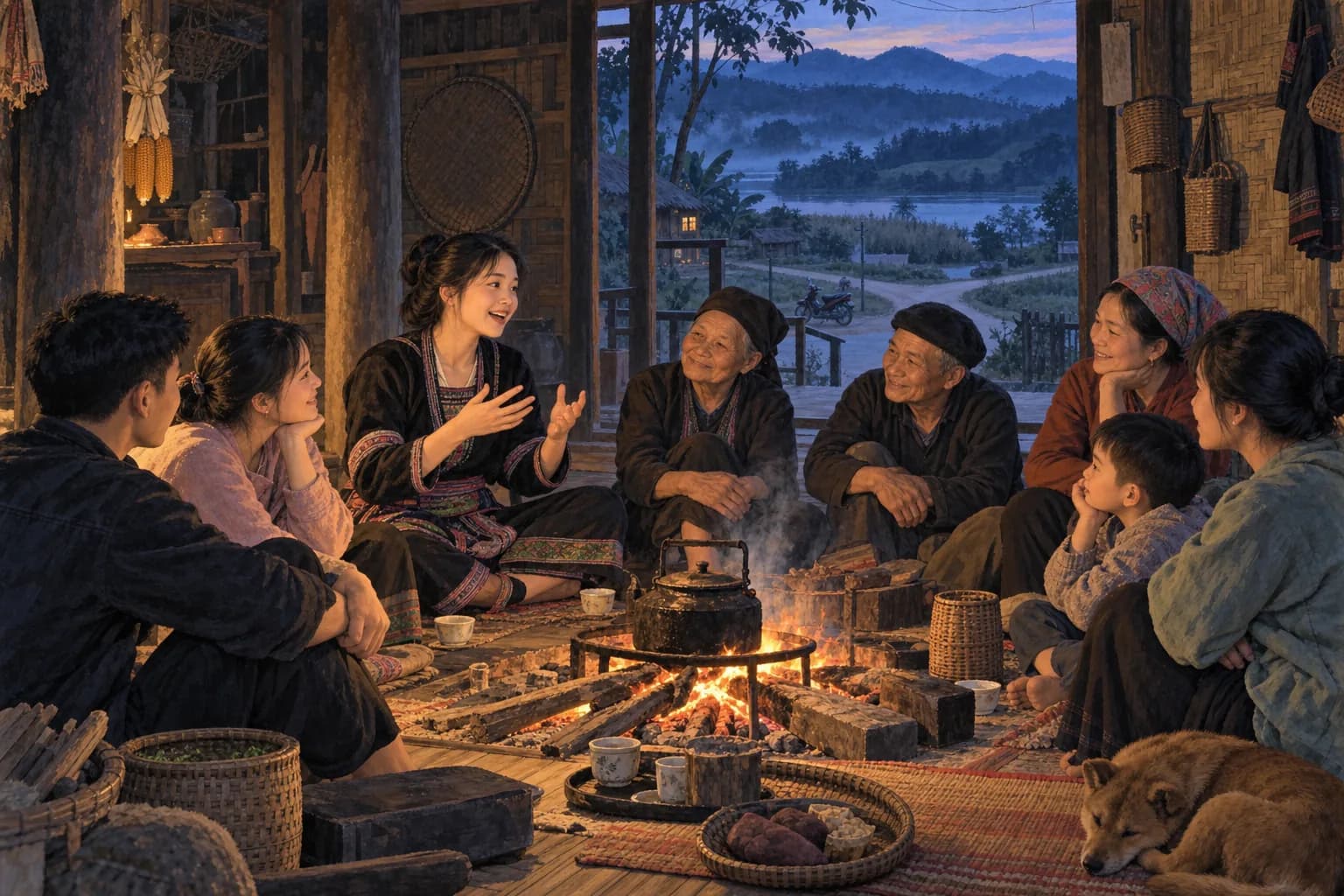 Người già, người trẻ và trẻ nhỏ ngồi quanh bếp lửa trên sàn nhà gỗ, một phụ nữ đang hát
